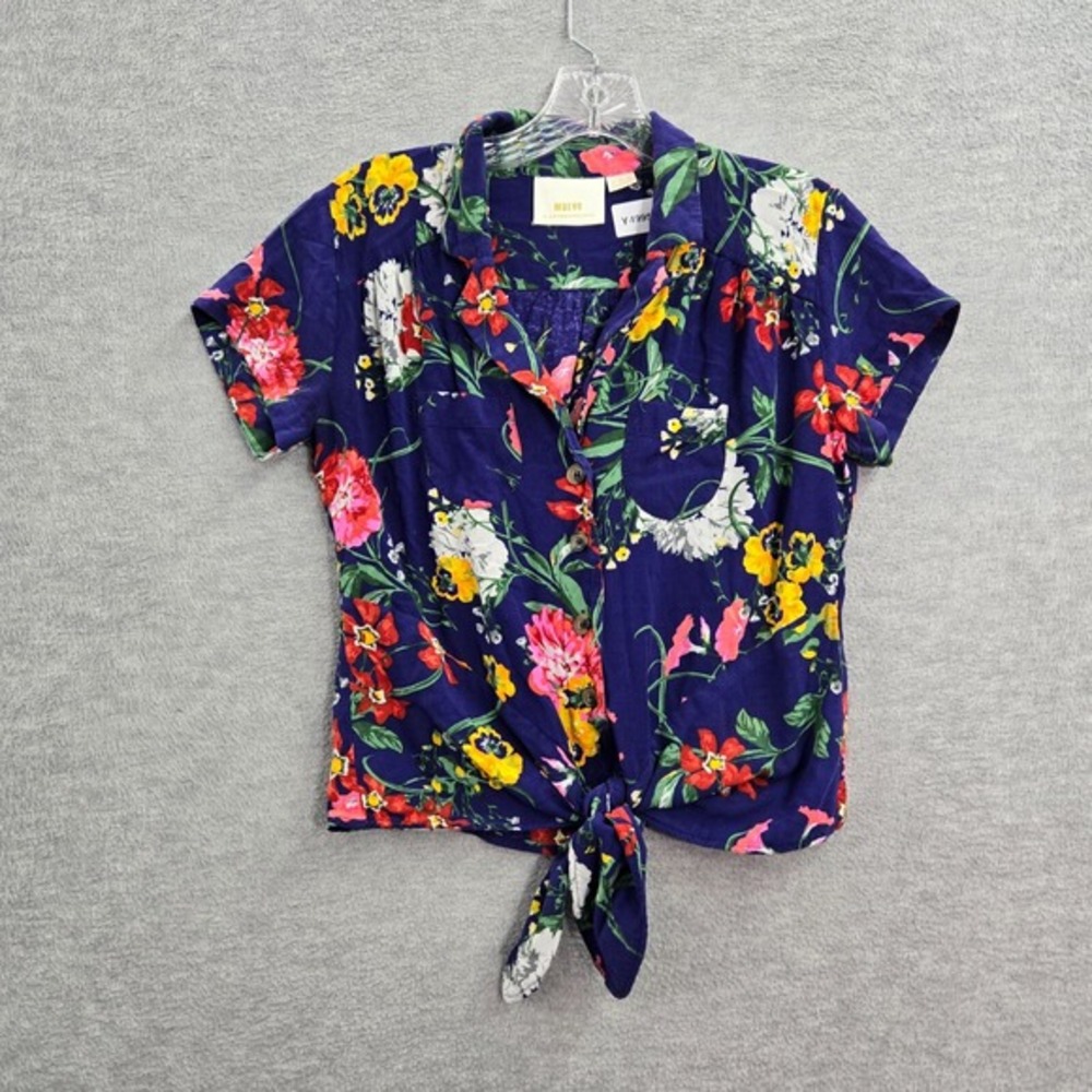 Maeve Women Top 2 Blue Floral Anhtropologie Bateau Button Front Tied Hem